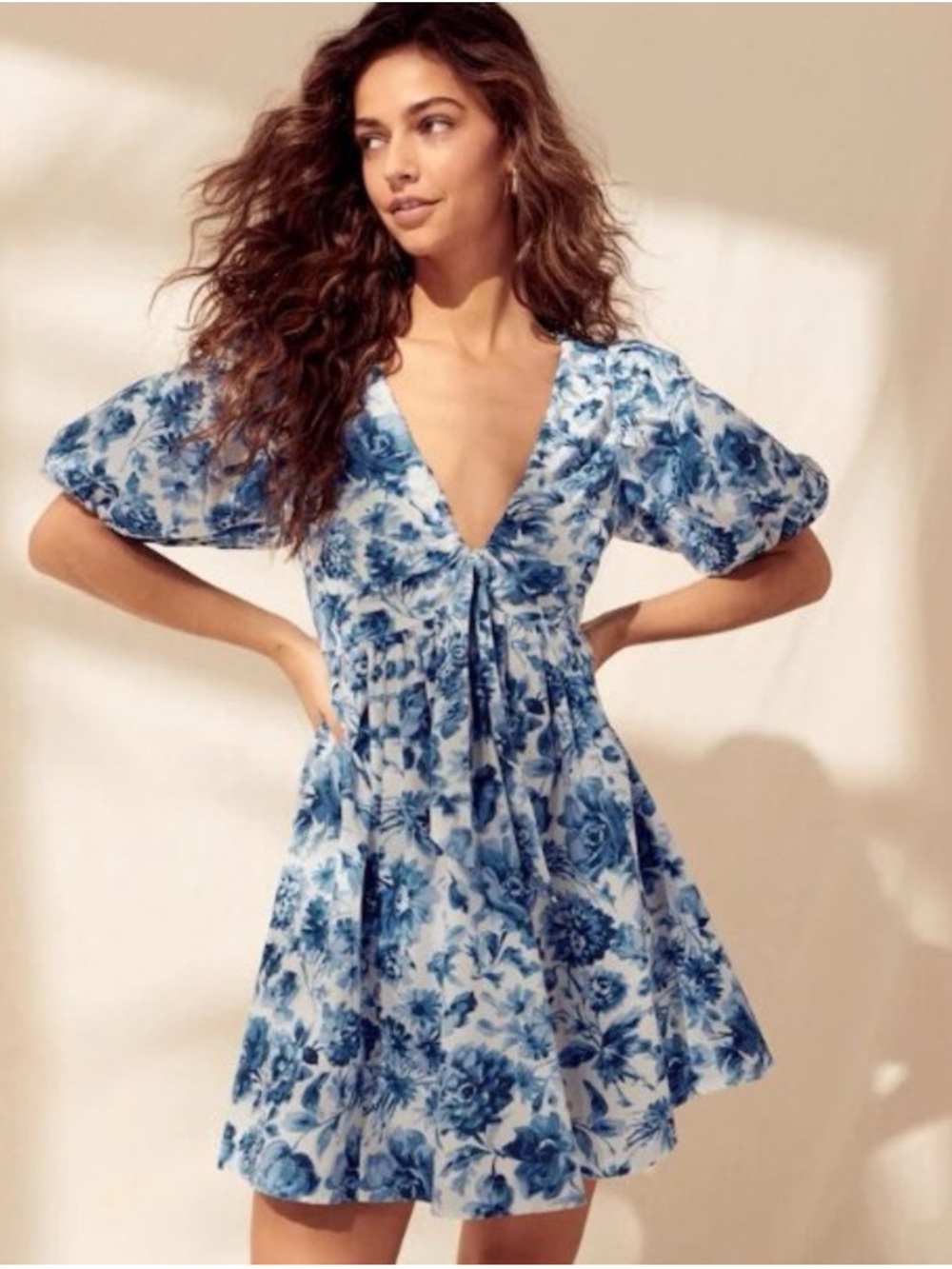 Abercrombie & Fitch Puff Sleeve Poplin Mini Dress floral blue S
